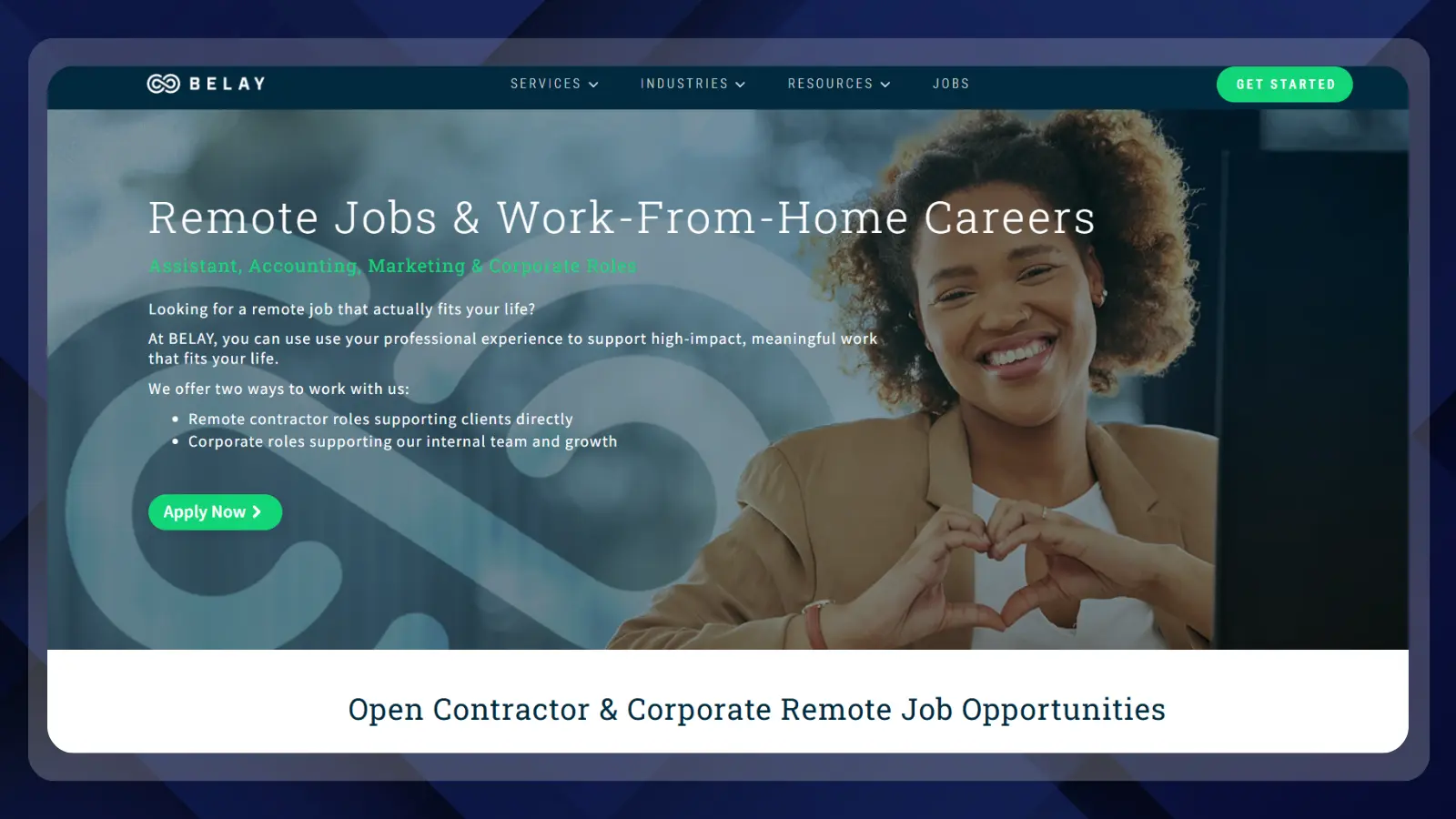 BELAY homepage advertising remote work-from-home careers in assistant, accounting, marketing, and corporate roles