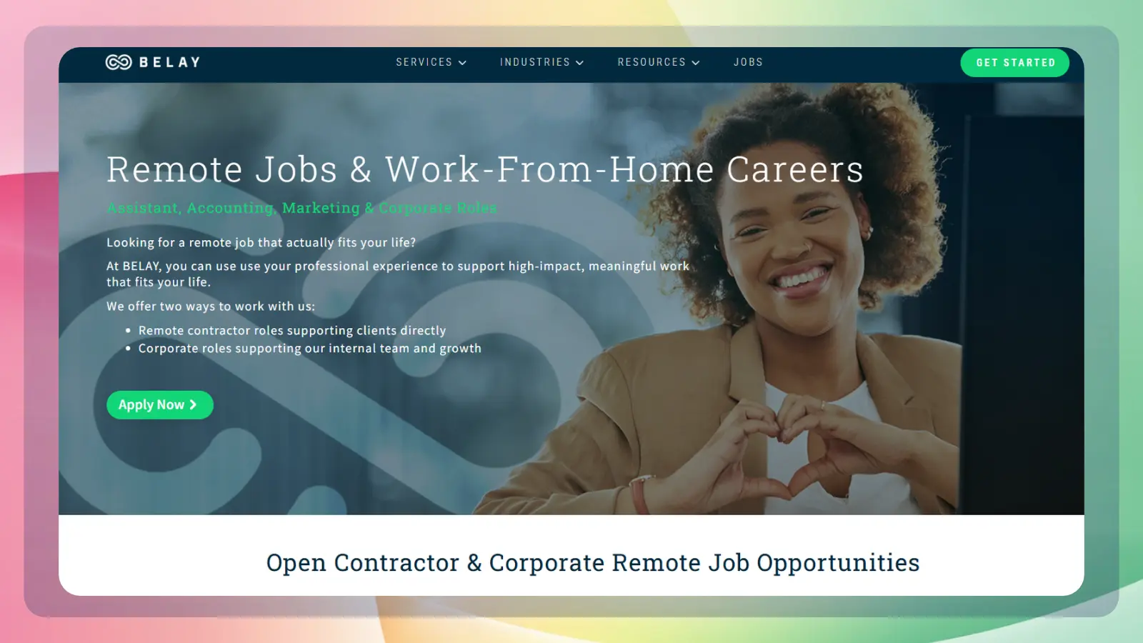 BELAY website showing remote work-from-home career opportunities in assistant, accounting, marketing, and corporate roles, with an application button