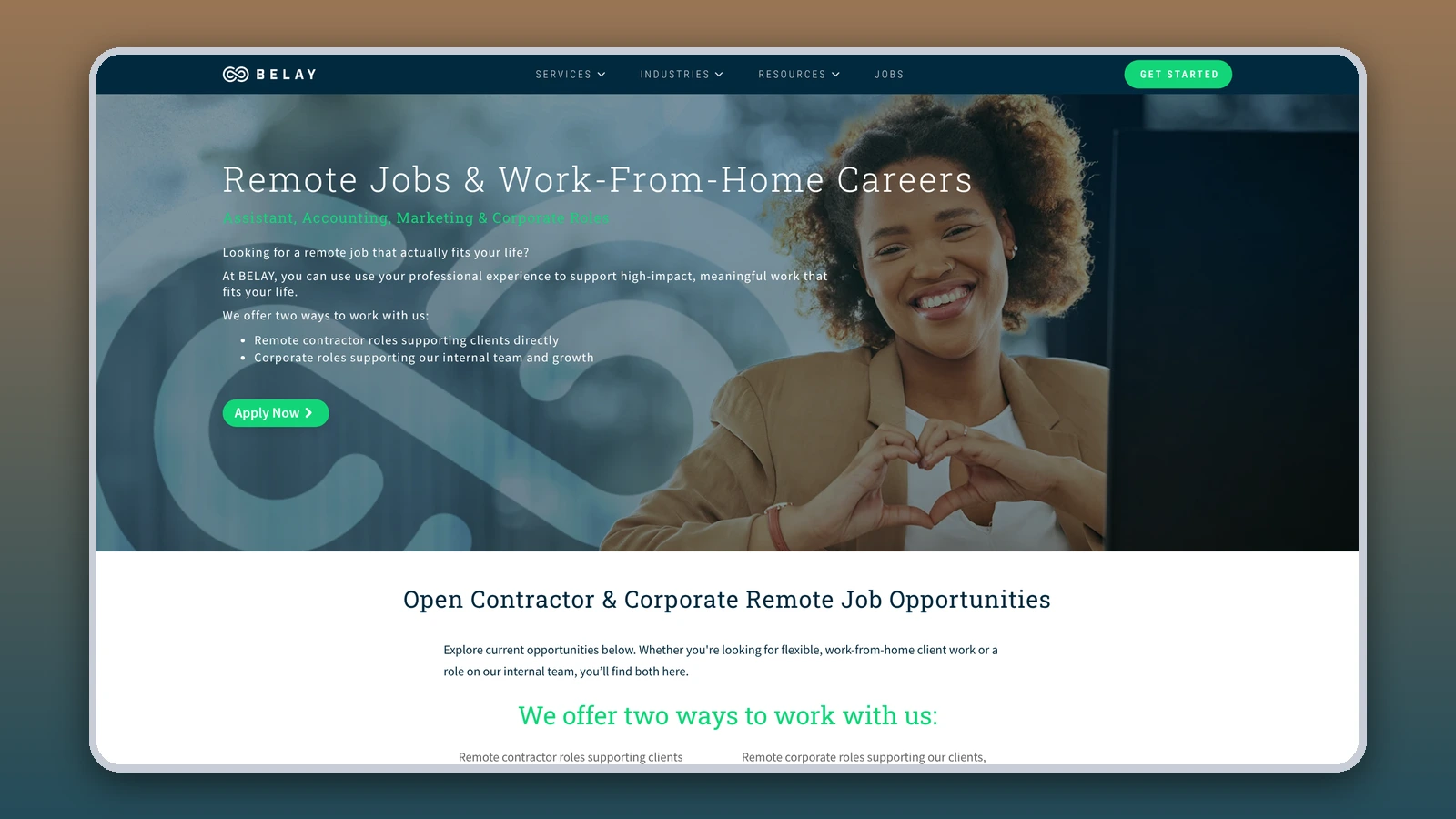 The BELAY careers page reads “Remote jobs & work-from-home careers” next to a smiling woman making a heart shape with her hands