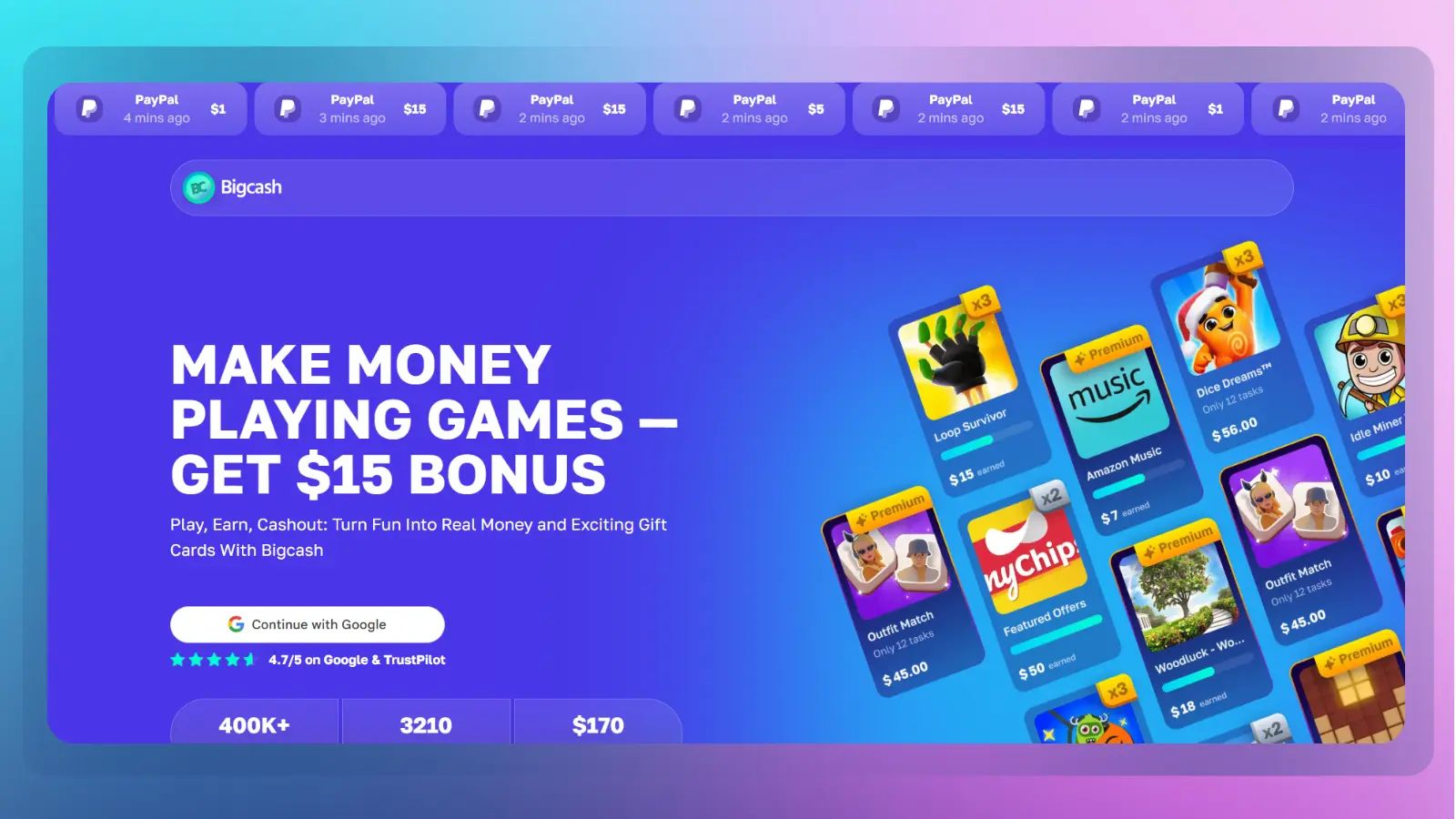 BigCash website showing a make money playing games promotion with game offer cards and reward amounts