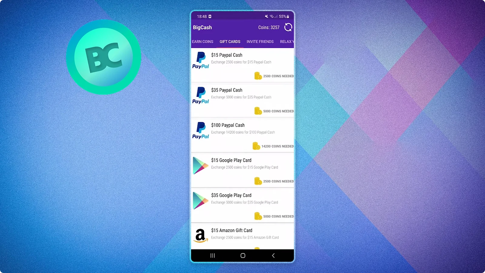BigCash rewards app displayed on a smartphone