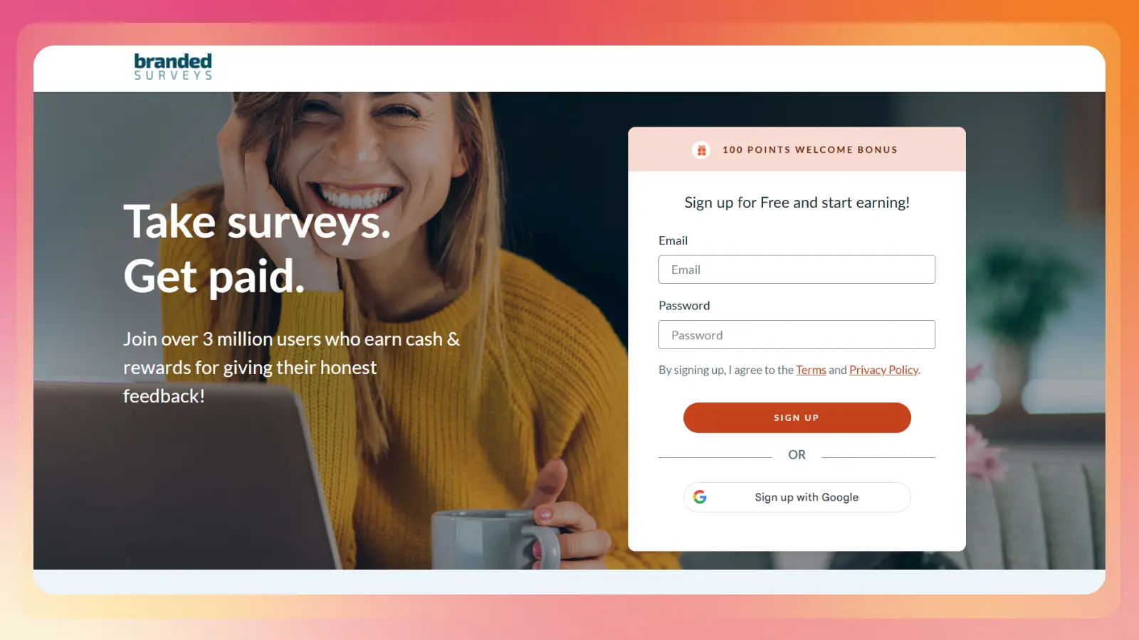 Branded Surveys signup page showing a survey rewards offer and a woman using a laptop