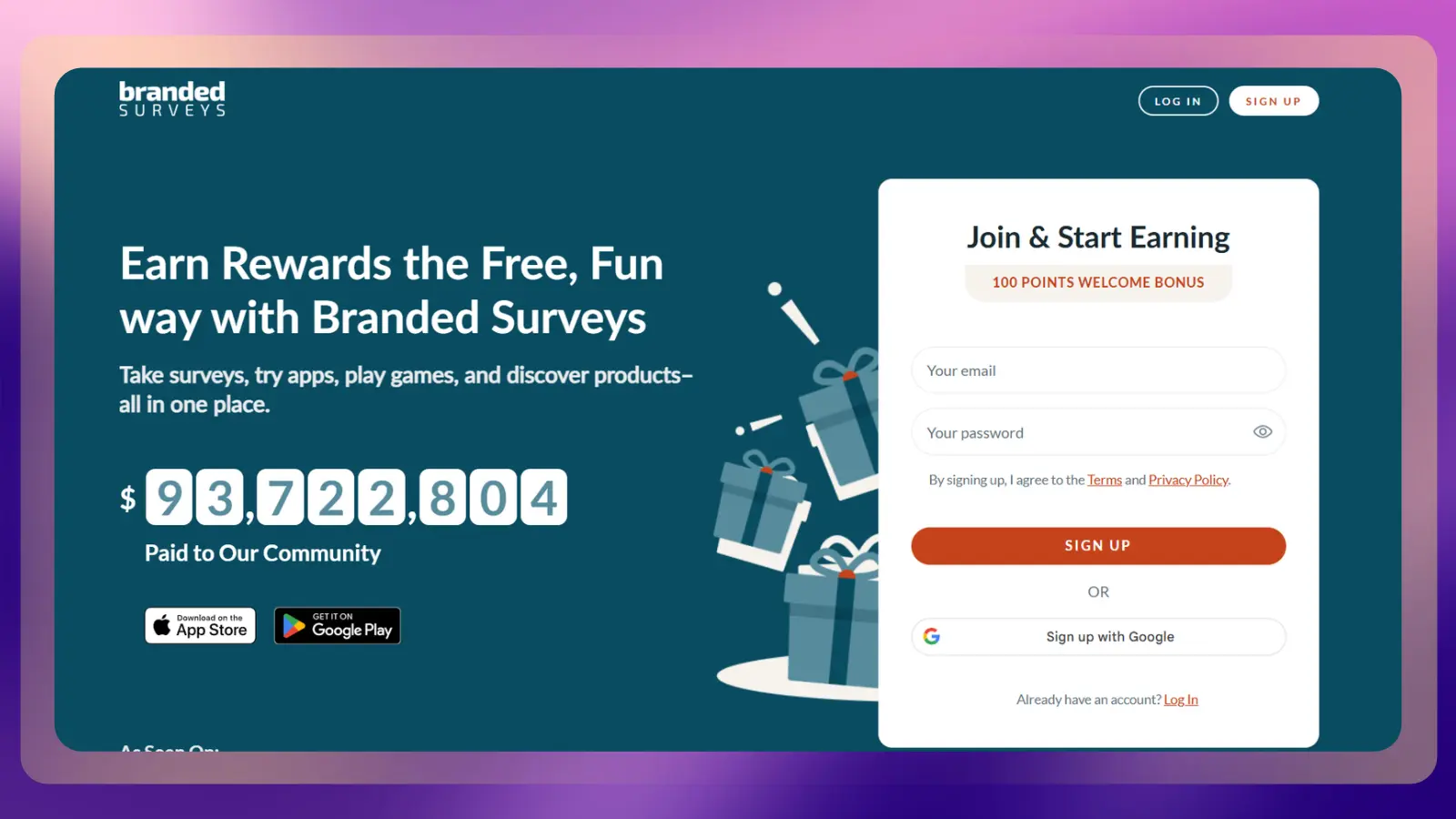 Branded Surveys homepage showing a welcome bonus, account sign-up form, and information about earning rewards through surveys, apps, and games