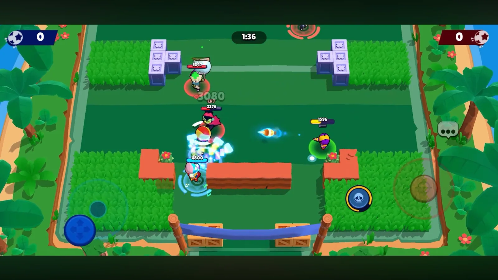A Brawl Ball match on a tropical beach map