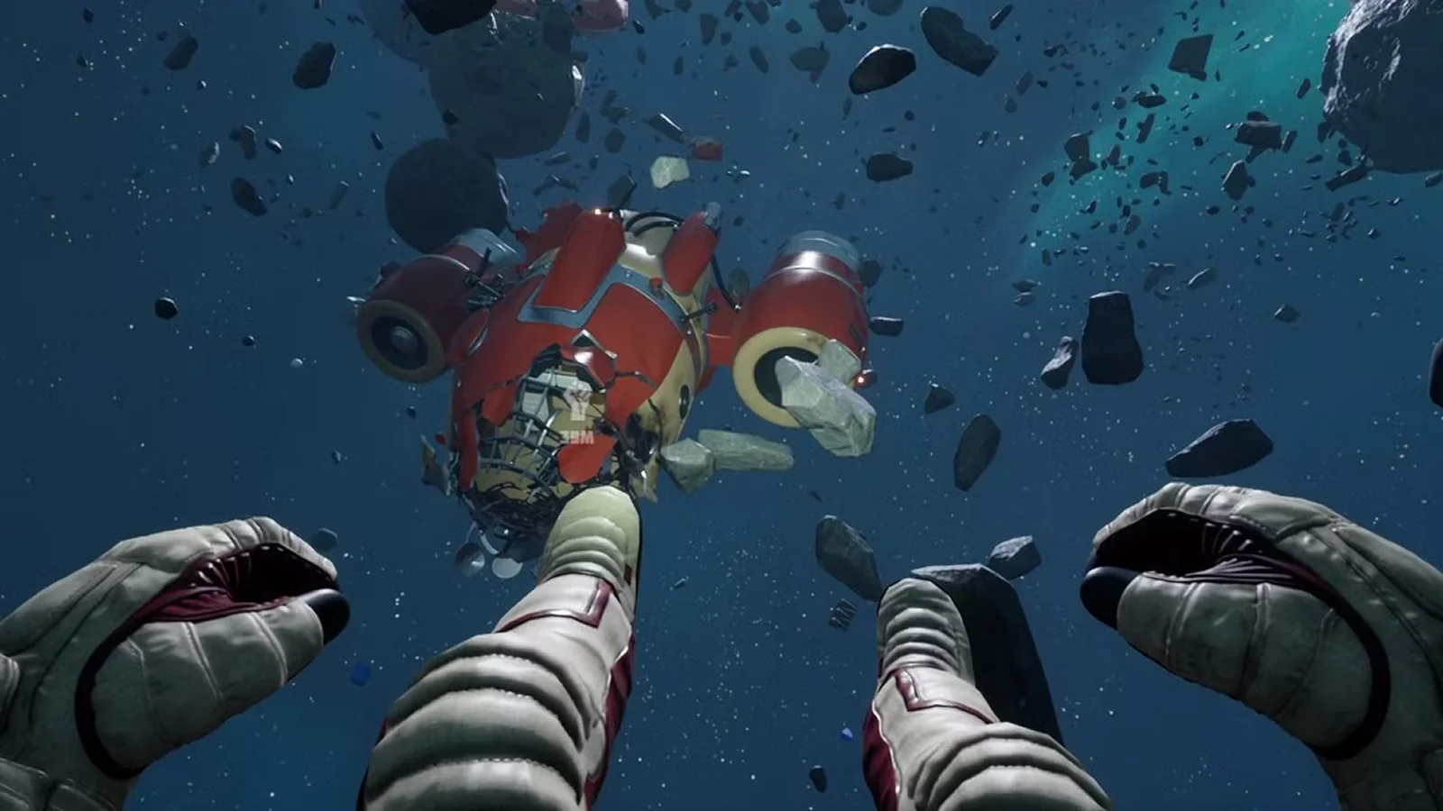 Breathedge - Jogo cómico de ficção científica e sobrevivência espacial - Uma perspetiva na primeira pessoa de um astronauta a flutuar em direção a uma nave espacial vermelha destruída no espaço profundo