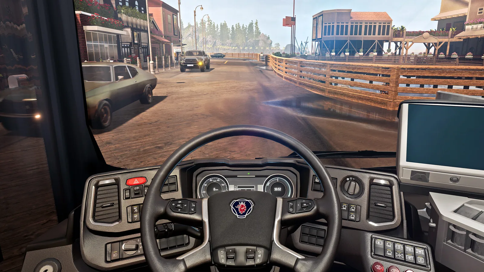 Bus Simulator 21 Next Stop bus driver cockpit view of coastal town street