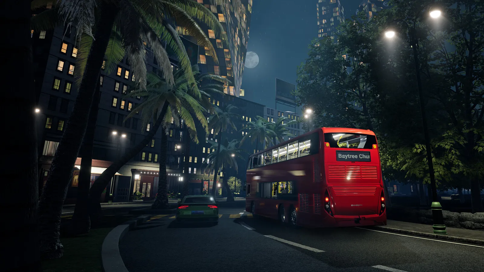 Bus Simulator 21 Next Stop red double decker bus driving night city street