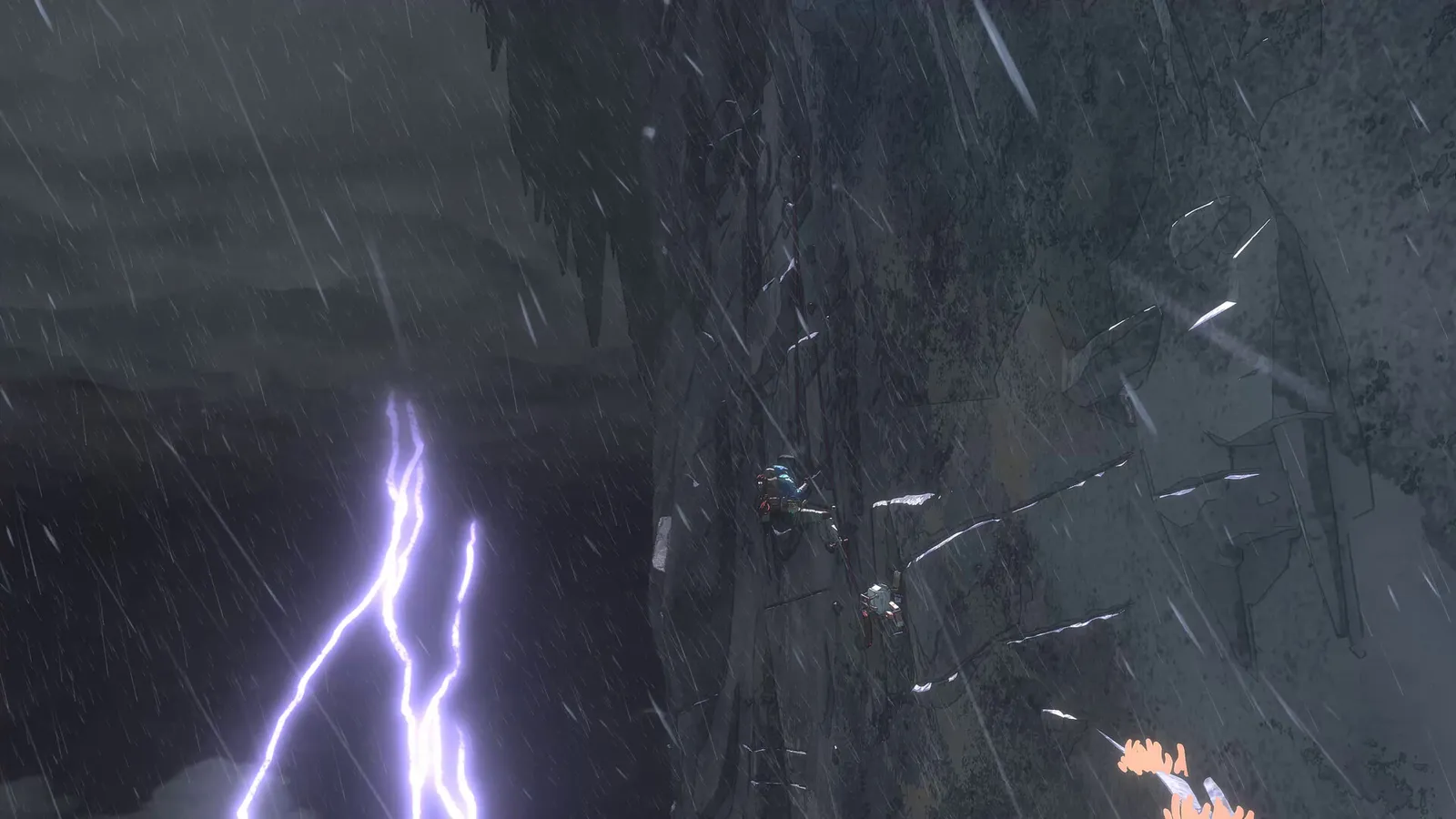Cairn climber scaling dark icy cliff face during lightning storm