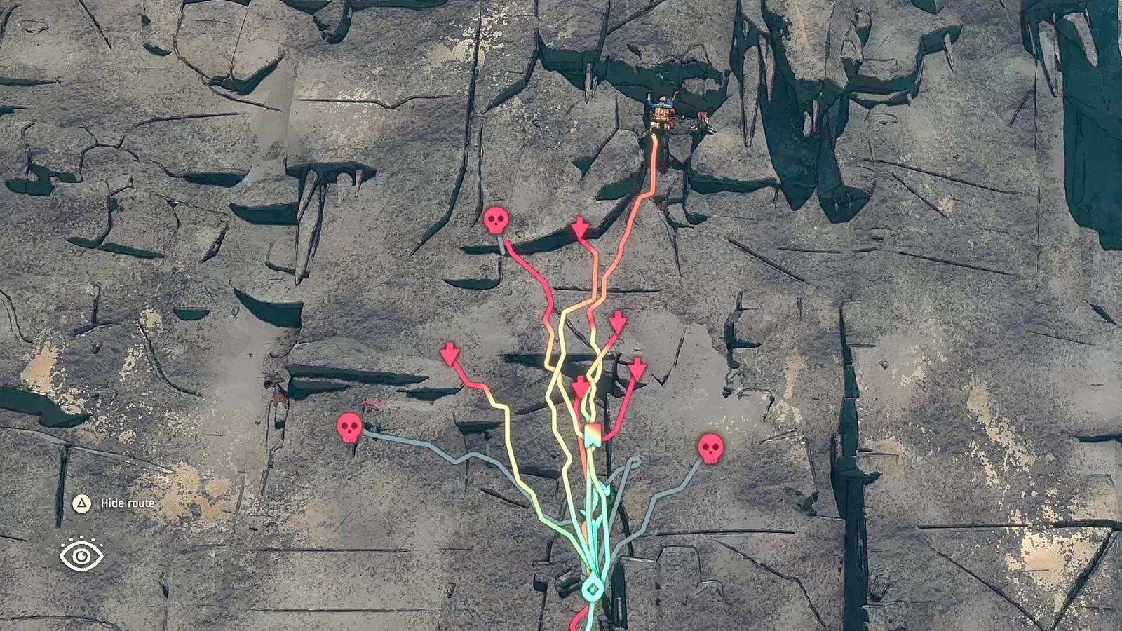 Cairn climbing route planner showing paths and hazard markers on cliff
