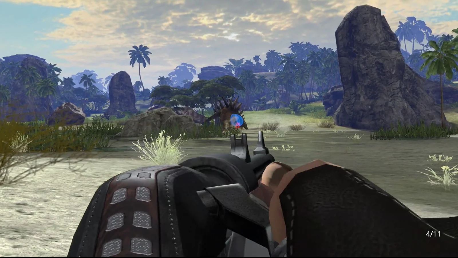 Player aims a rifle at a dinosaur in a tropical wilderness.