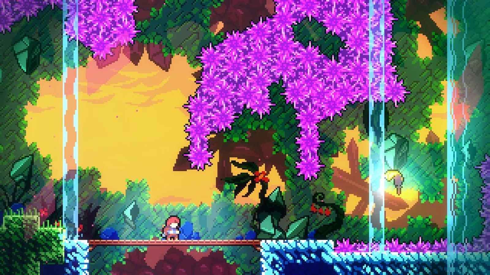 Celeste – Uma obra-prima do género de plataformas, emocionante e precisa – Uma imagem em 2D com deslocamento lateral da Madeline a preparar-se para correr por uma caverna colorida e cheia de espinhos