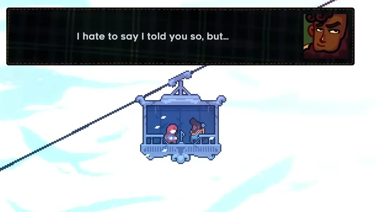 Madeline and Theo riding a cable car in Celeste