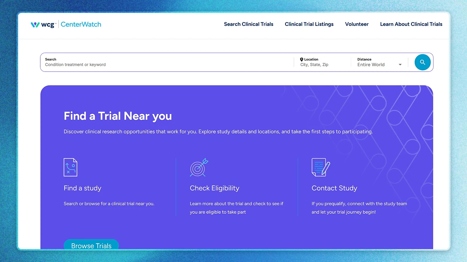 CenterWatch clinical trial search page showing recruiting research studies for volunteers