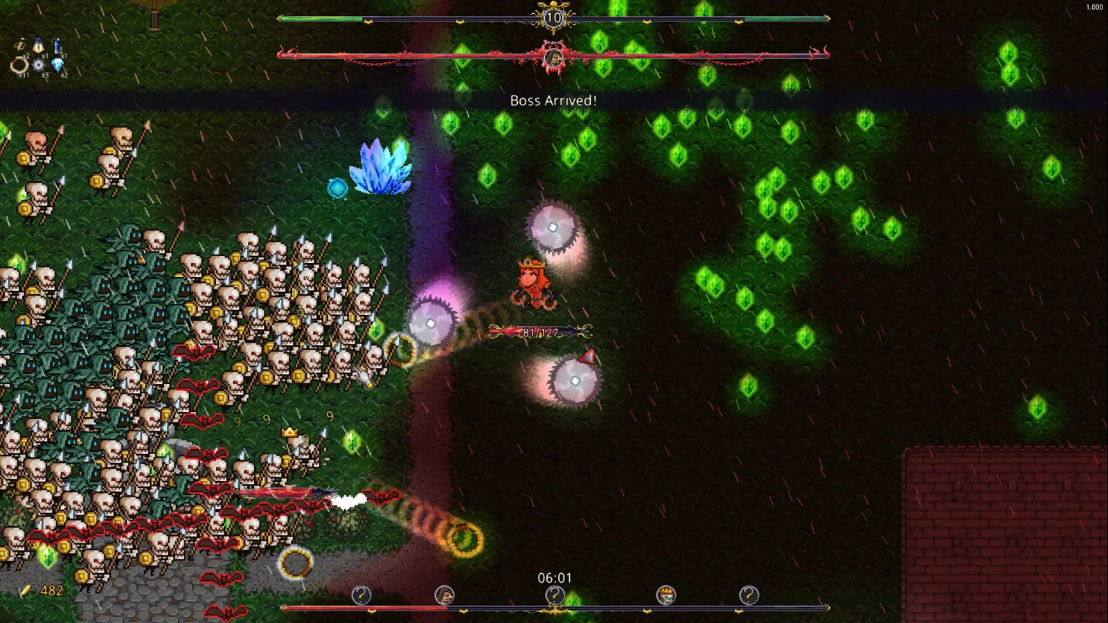 Chronicon - Le meilleur jeu de type « dungeon crawler » pour accumuler du butin en pixel art - Une vue de dessus montrant un héros en pixel art affrontant une horde gigantesque de monstres dans une prairie