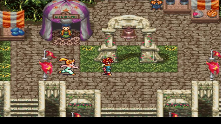 Two characters running through town