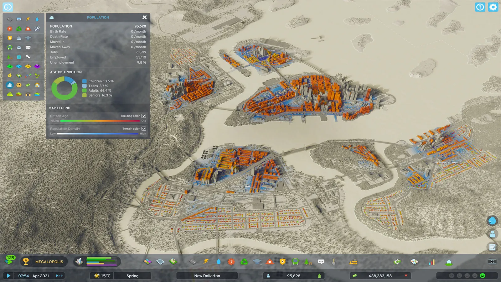 Cities Skylines 2 population info panel over city district data overlay