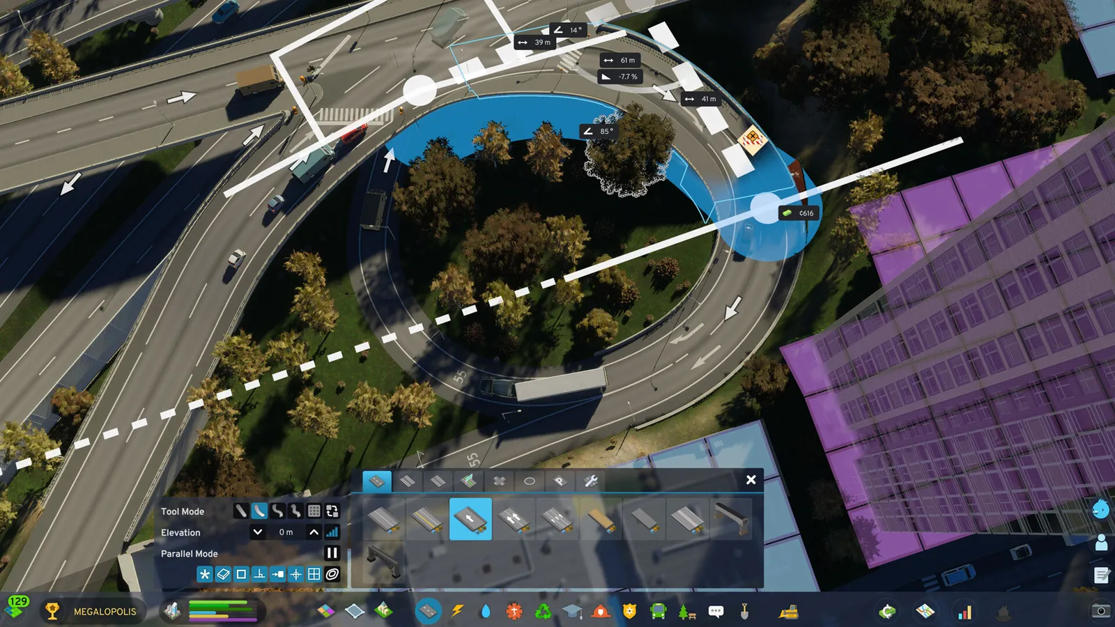 Cities Skylines 2 road tool editing a roundabout intersection overlay
