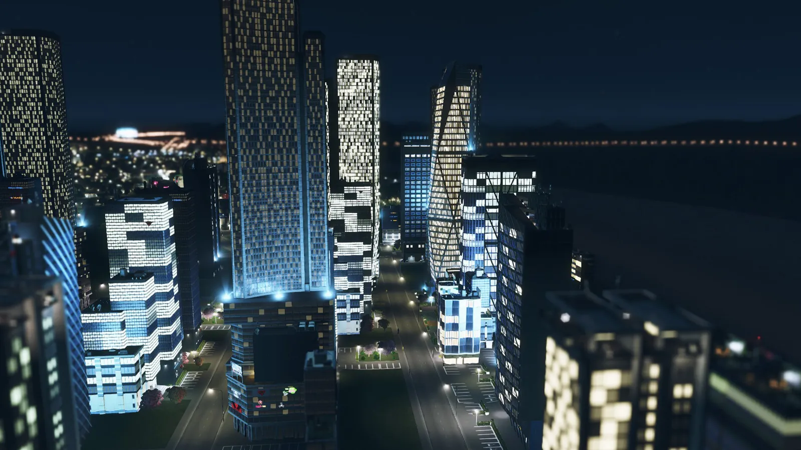 Cities: Skylines nighttime downtown skyscraper street
