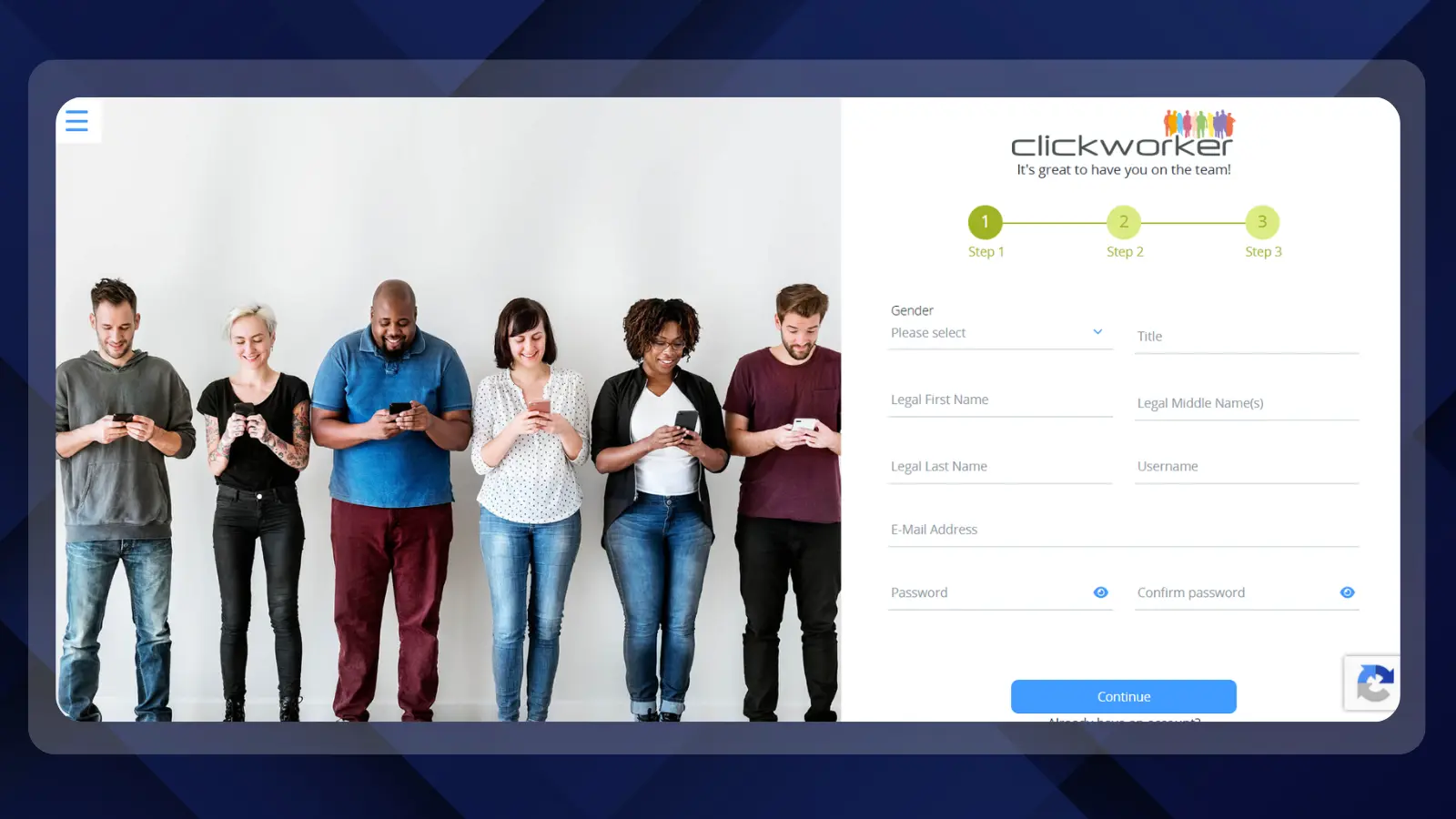Clickworker registration page showing a three-step sign-up process and a form beside a group of people using smartphones