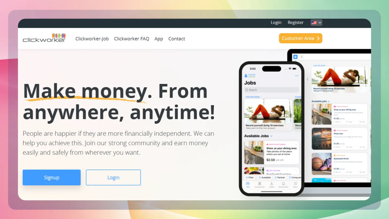 Clickworker homepage promoting online work with a mobile app and desktop job listings, alongside signup and login buttons