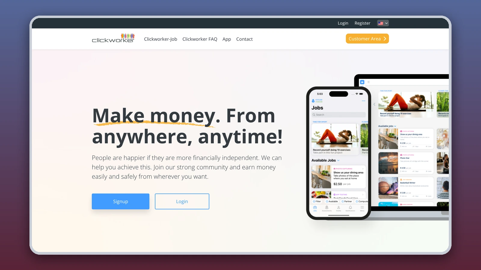 The Clickworker homepage reads “Make money. From anywhere, anytime!” next to a phone and laptop showing paid jobs
