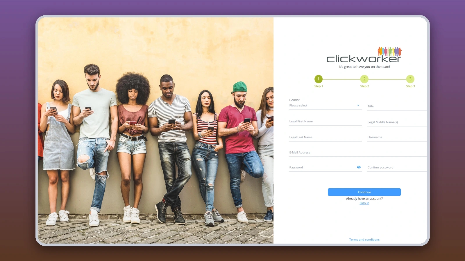 The Clickworker sign-up form sits next to a photo of young people leaning against a wall while looking at their phones