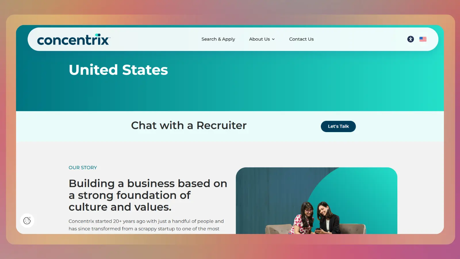 Concentrix United States page showing a Chat with a Recruiter section and information about the company’s culture and values
