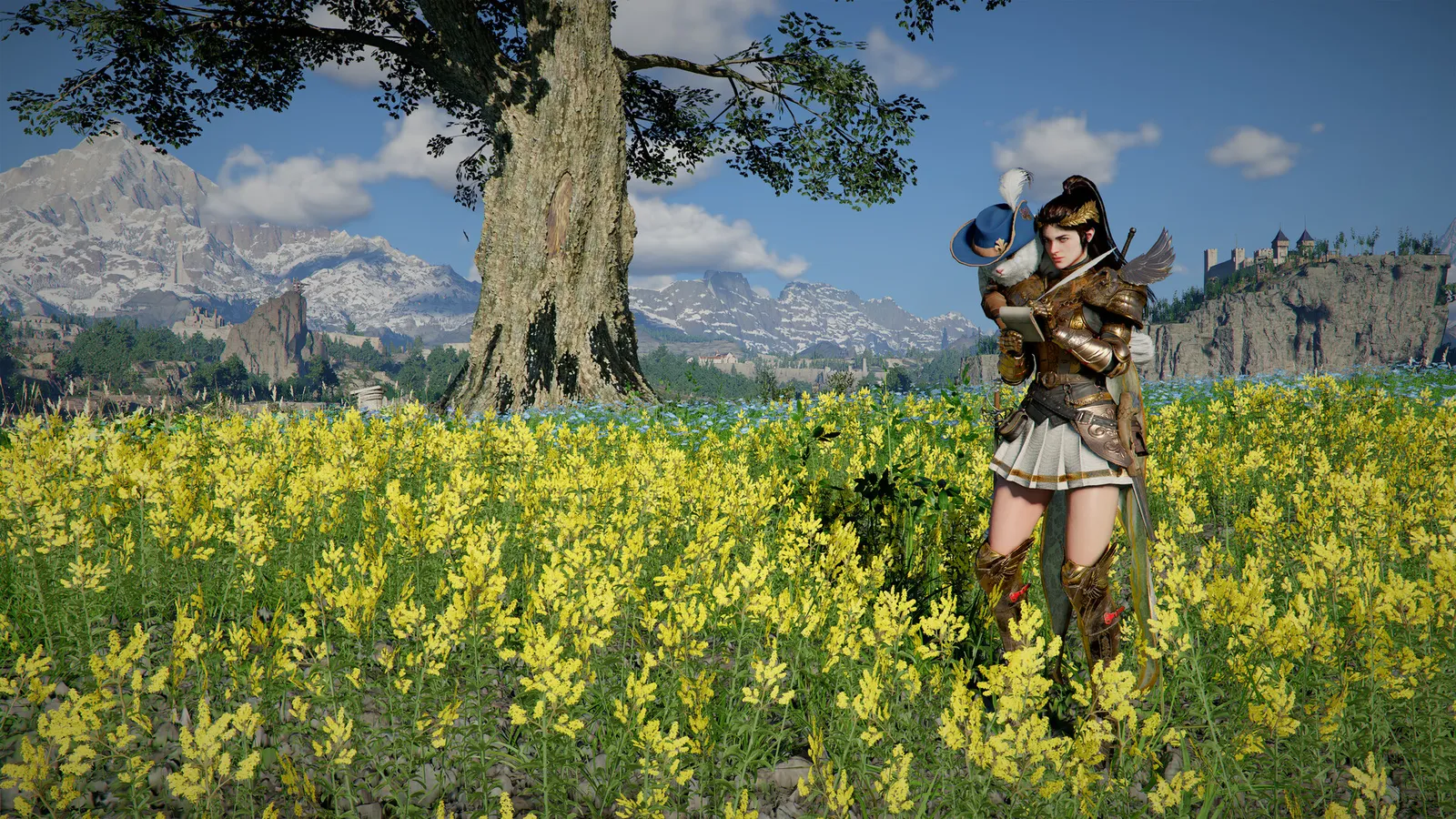 Crimson Desert armored woman in yellow flower field