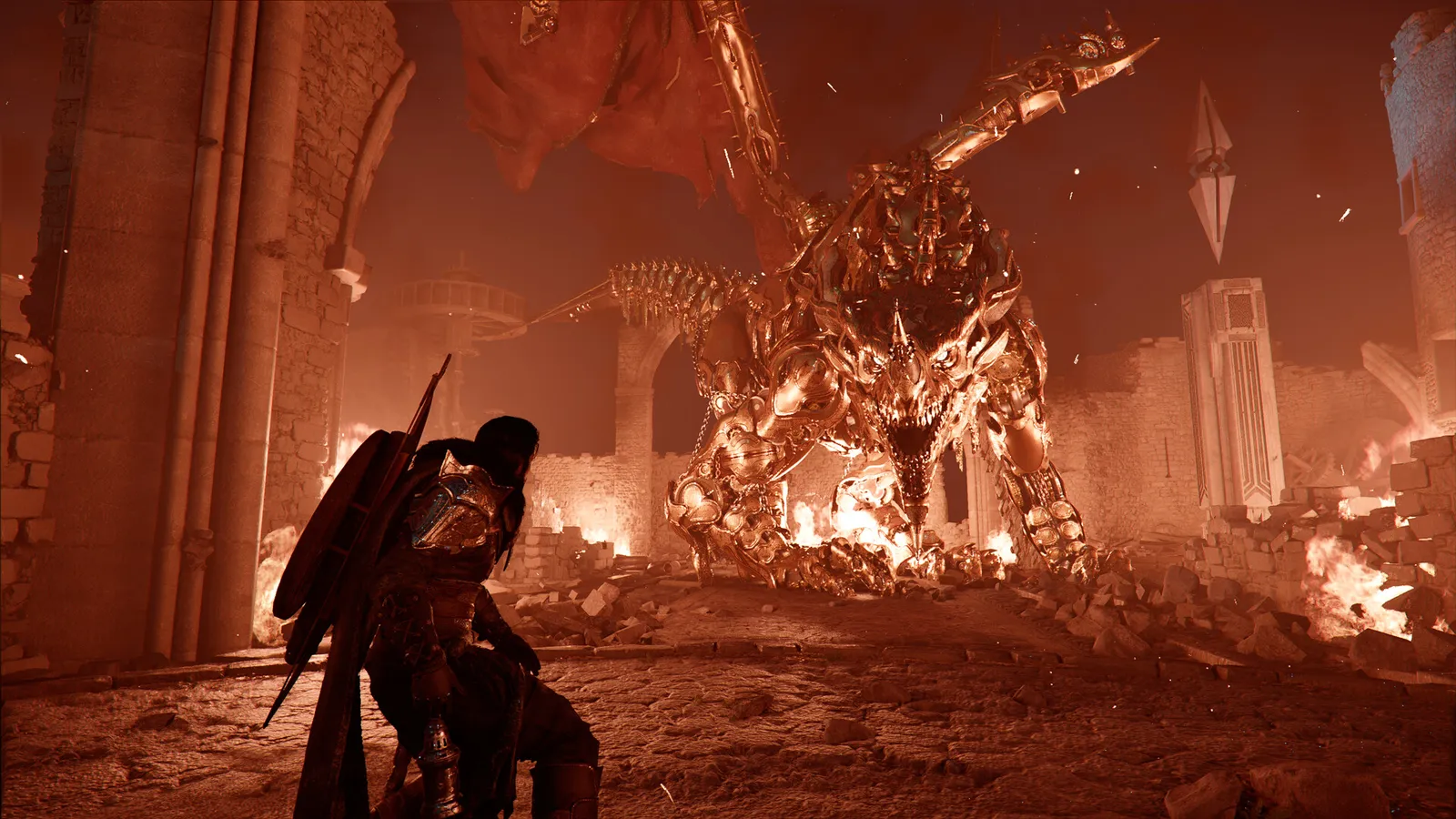 Crimson Desert golden mechanical dragon boss fight