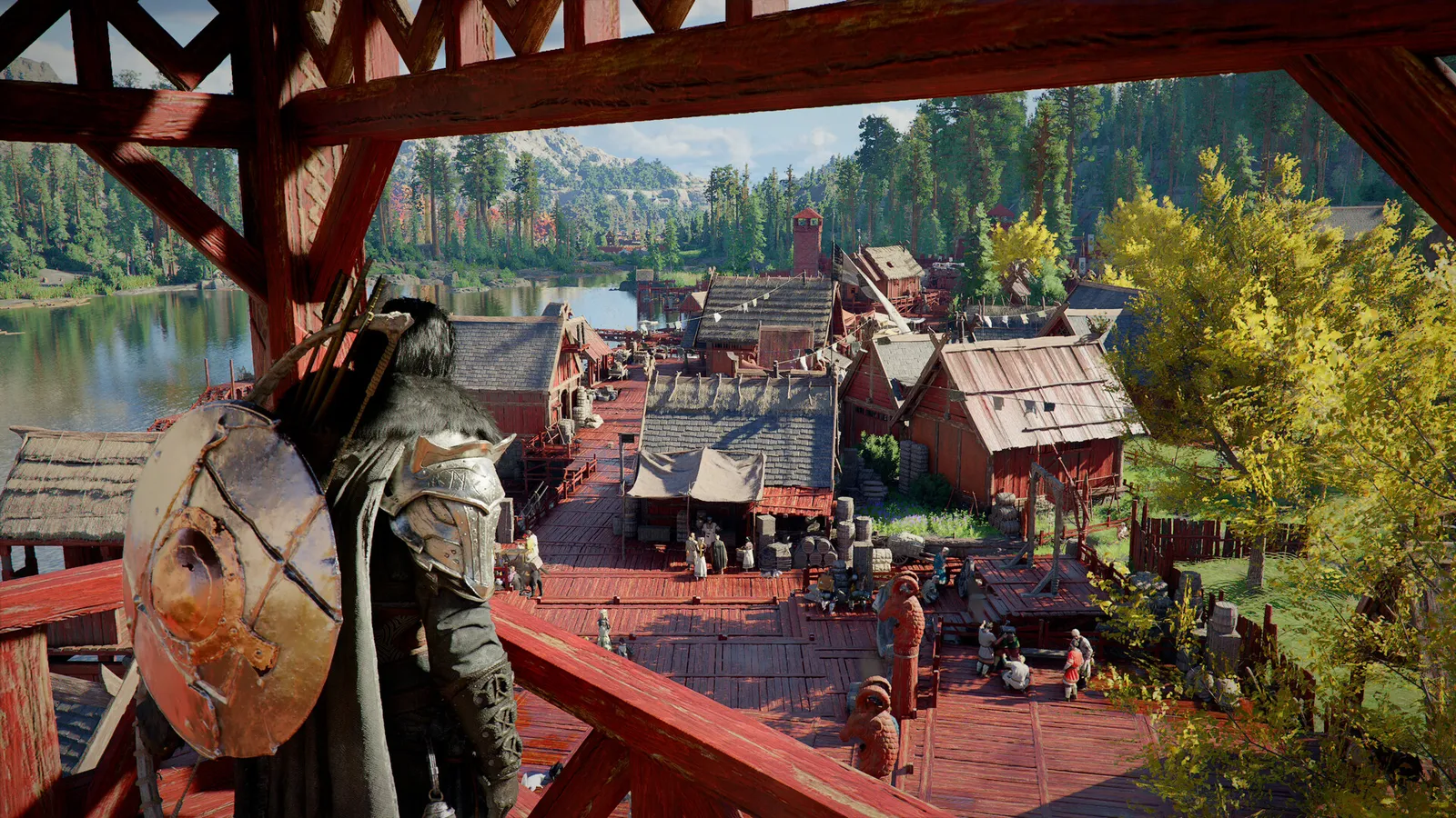Crimson Desert overlook of riverside wooden village