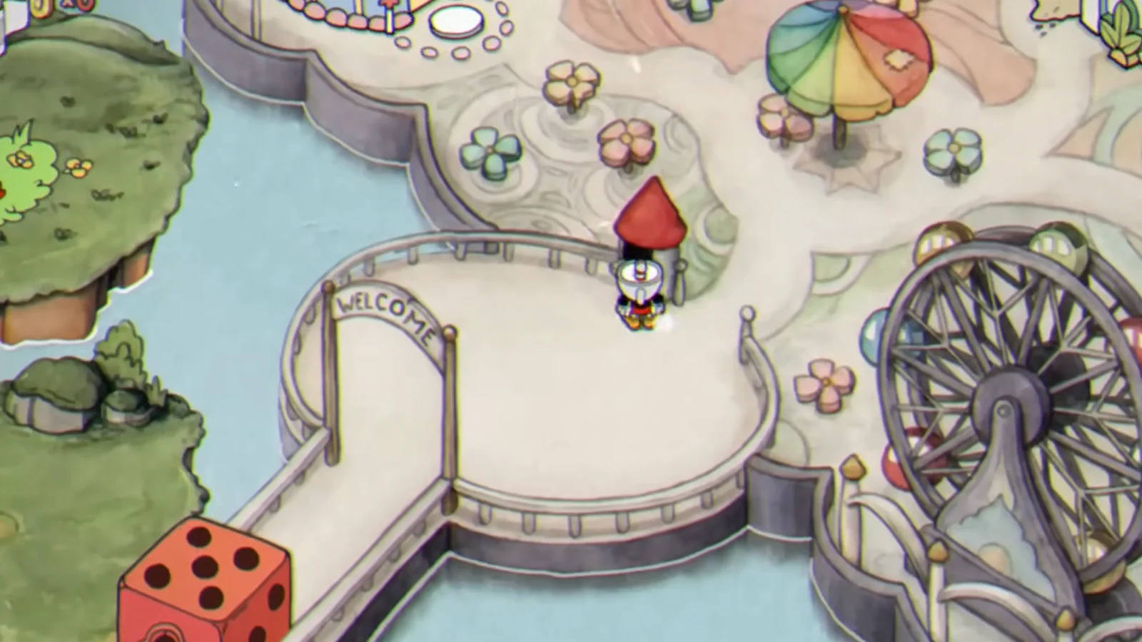 Un personaggio si muove in un mondo di gioco colorato, in stile gioco da tavolo