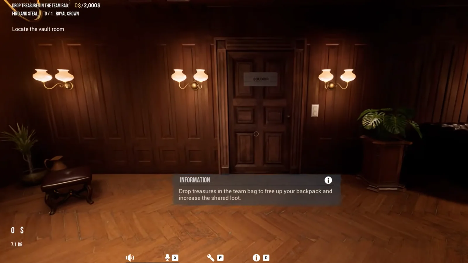 Vue à la première personne d'une élégante pièce lambrissée, avec des options de dialogue à l'écran.