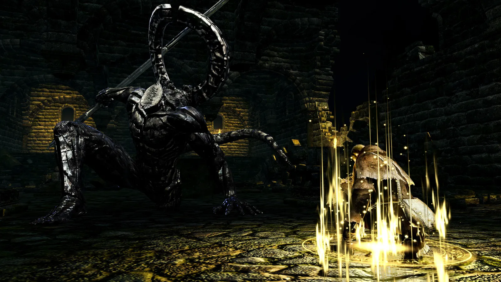 Dark Souls: Remastered knight confronting armored scorpion like boss with glowing sunlight spears