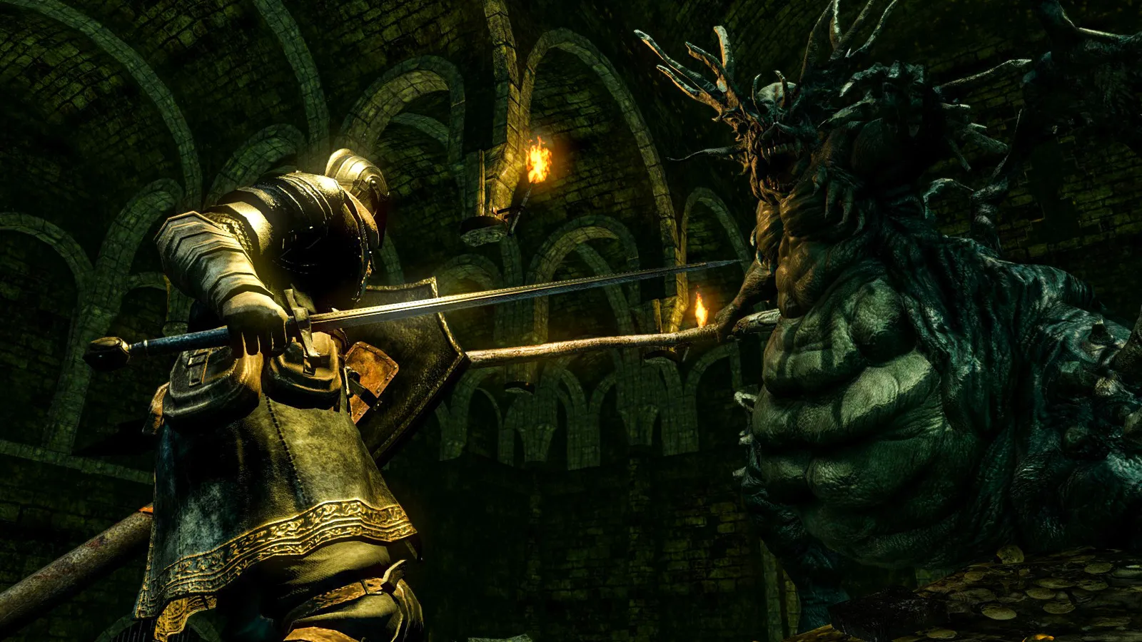 Dark Souls: Remastered knight with sword and shield facing demon in ruined cathedral