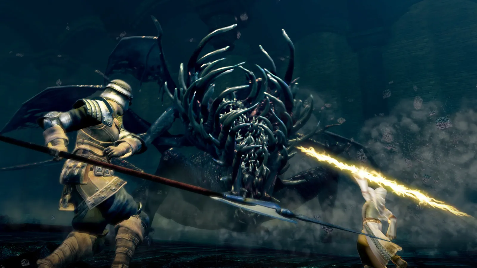 Dark Souls: Remastered knights battling tentacled chaos demon boss in cavern