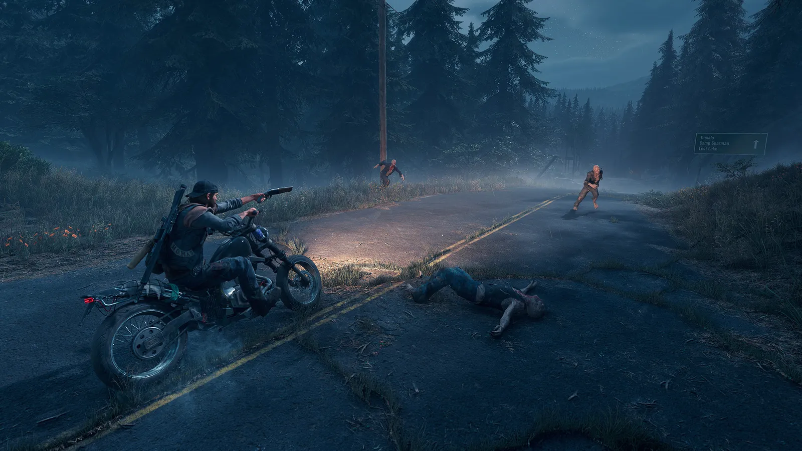 Days Gone aiming pistol from motorbike at night road