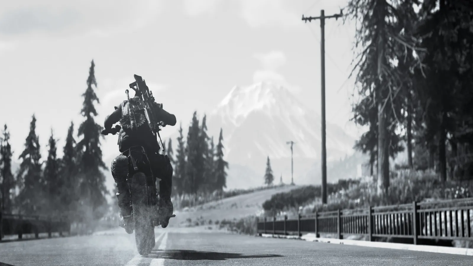 Days Gone black and white photo mode riding motorbike toward mountain