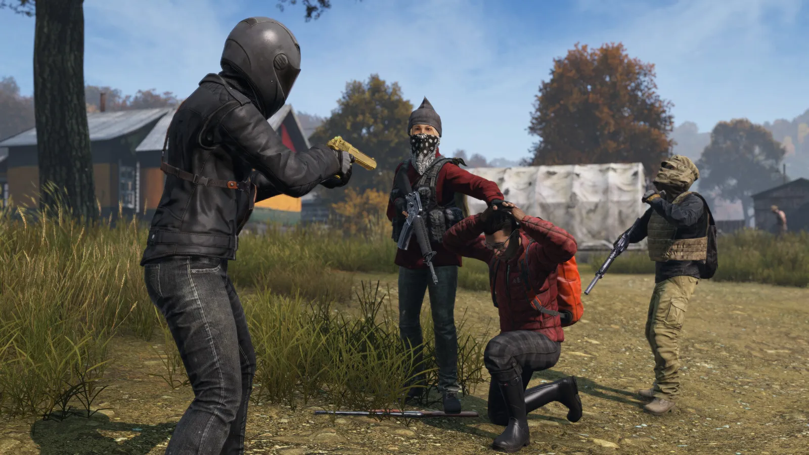 DayZ armed group holding survivor at gunpoint in field