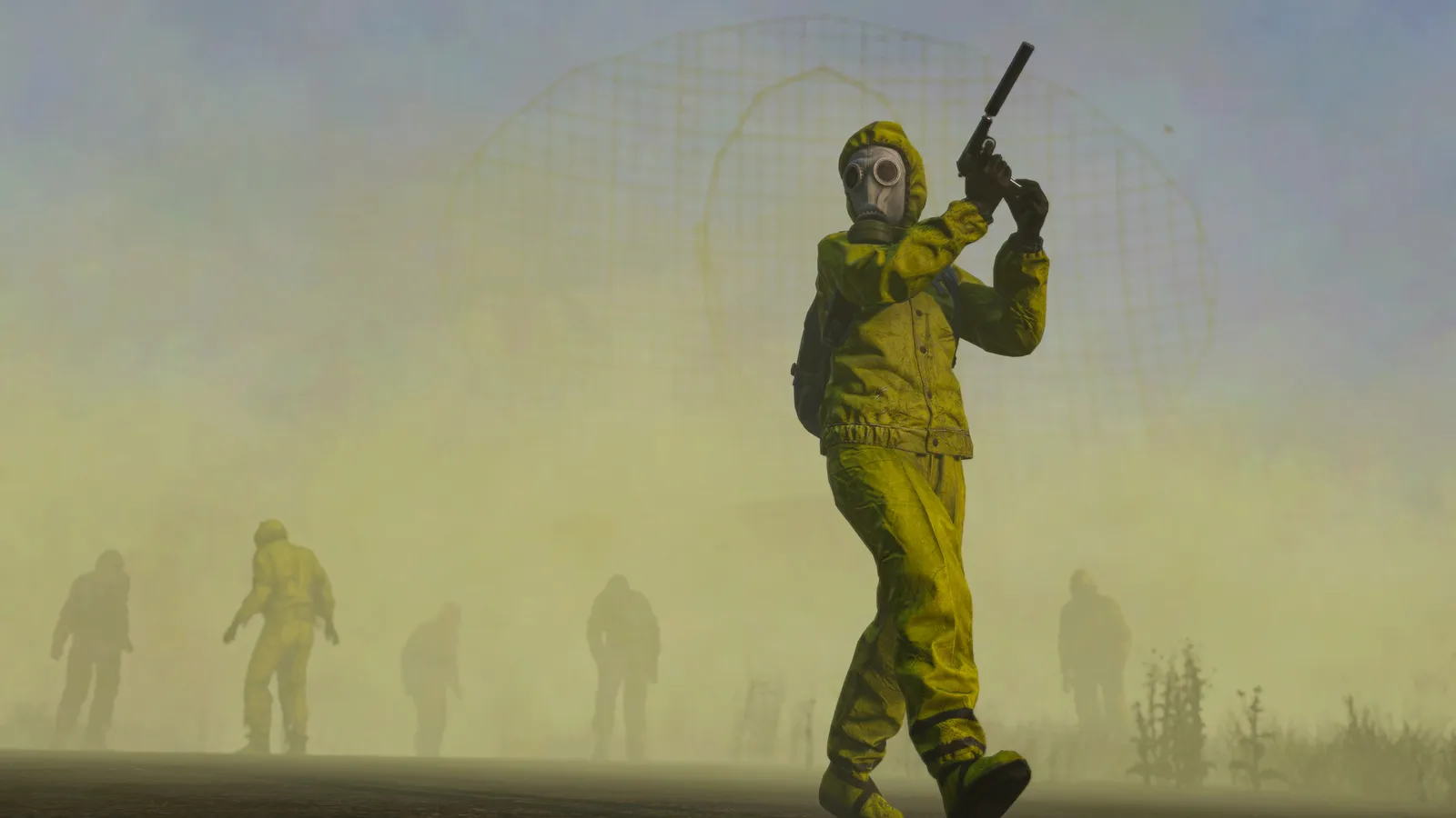 DayZ gas masked survivor walking through toxic yellow fog