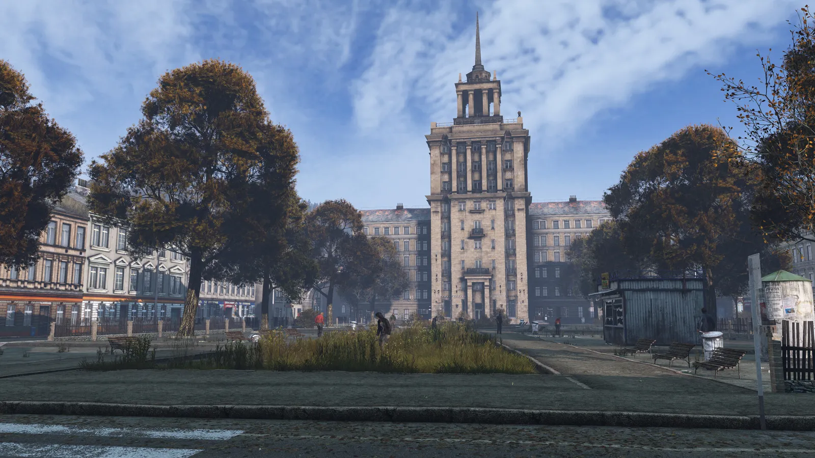 DayZ towering clocktower in overcast town square