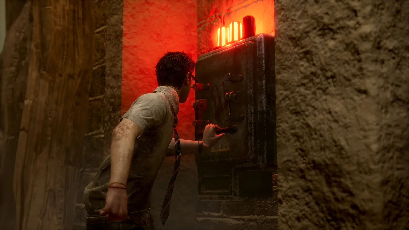 Dead by Daylight survivor opening glowing red fuse box