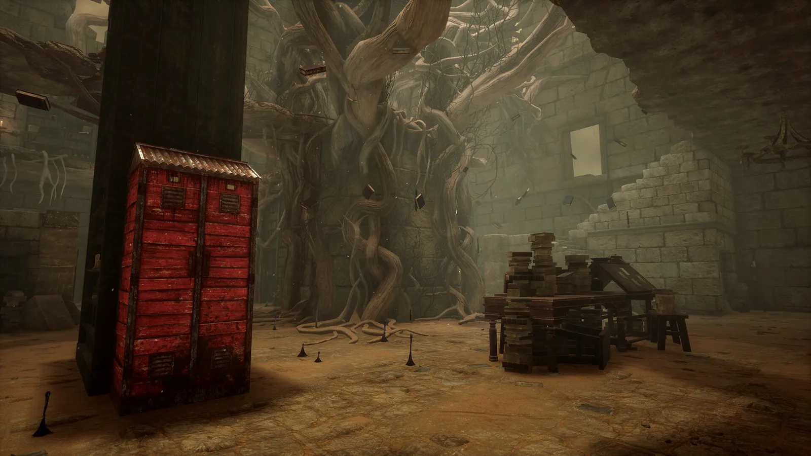 Dead by Daylight twisted root chamber with red locker and desk