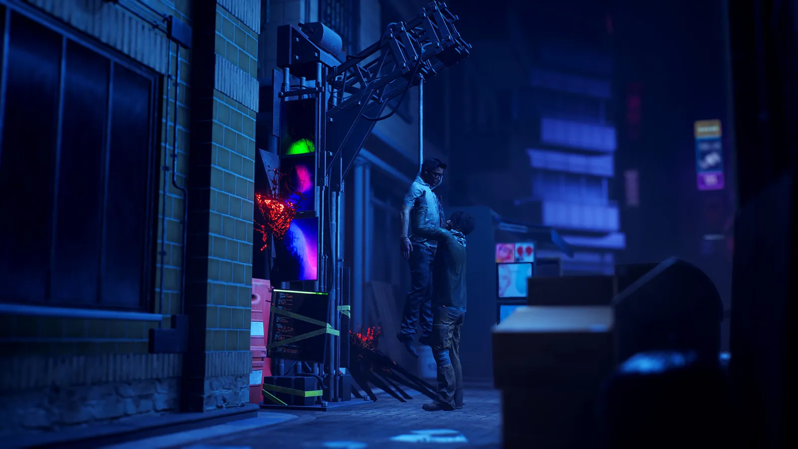 Dead by Daylight two hanged bodies in dark blue alley