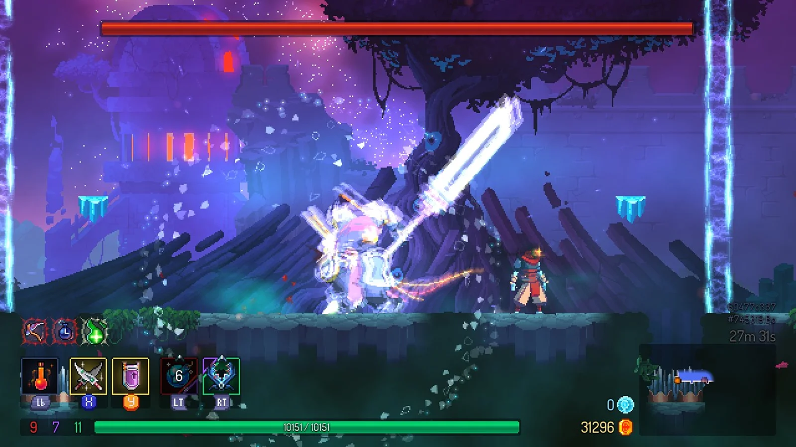 Dead Cells - Le meilleur jeu de type « Roguevania » avec exploration de donjons - Une vue à défilement horizontal montrant un guerrier affrontant un boss armé d'une épée géante et lumineuse