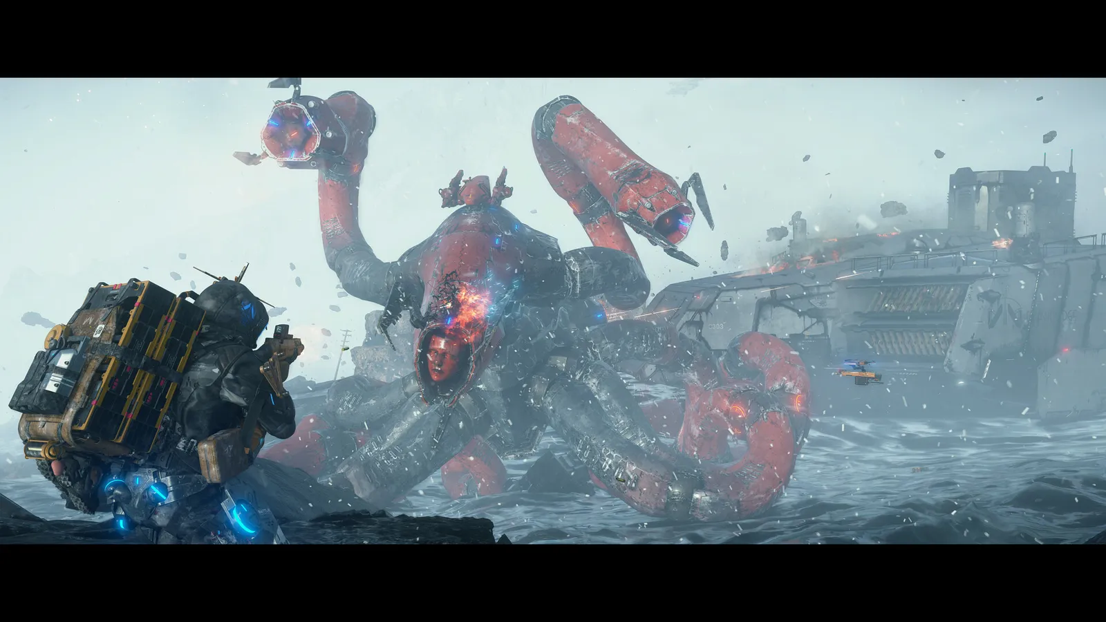 Death Stranding 2: On the Beach death stranding porter facing giant tentacled bt creature at sea