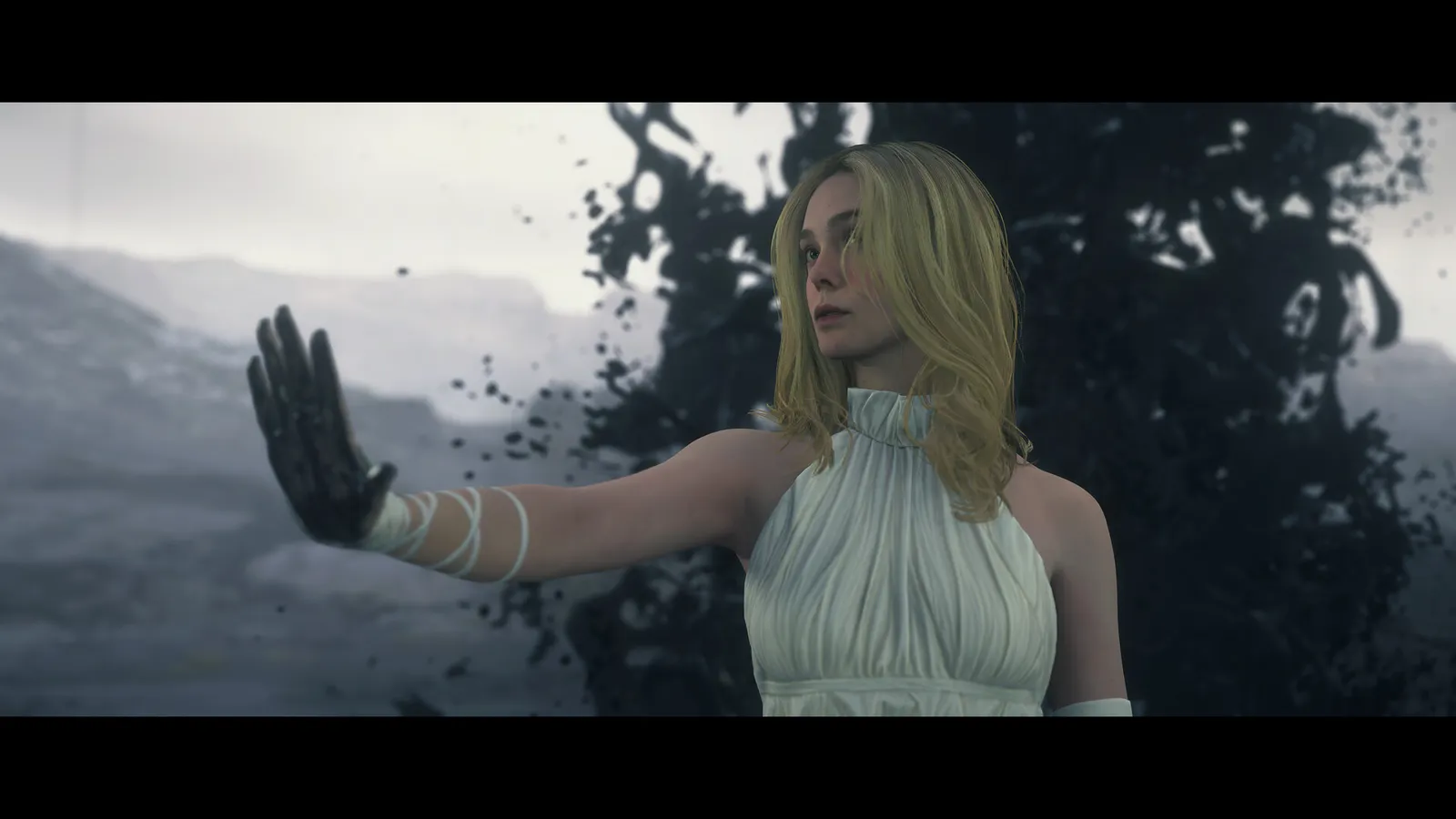 Death Stranding 2: On the Beach death stranding woman in white dress raising inked hand