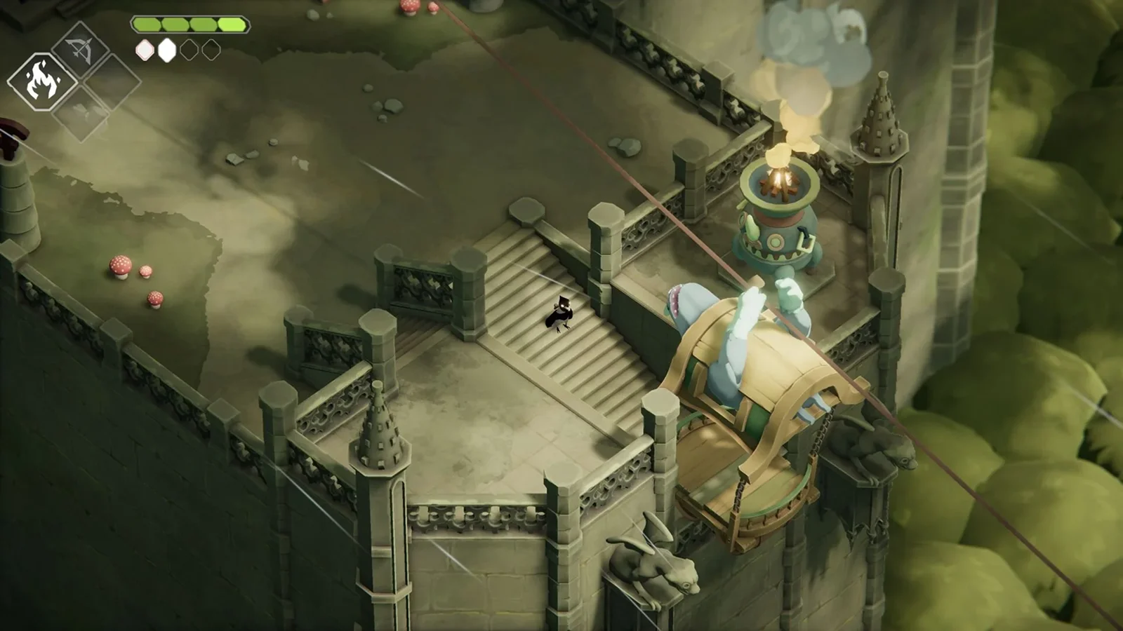 À beira da morte - Um jogo de ação e aventura isométrico encantador e desafiante - Uma perspetiva isométrica de um pequeno guerreiro corvo em cima de uma escadaria de pedra, junto a um elevador gigante