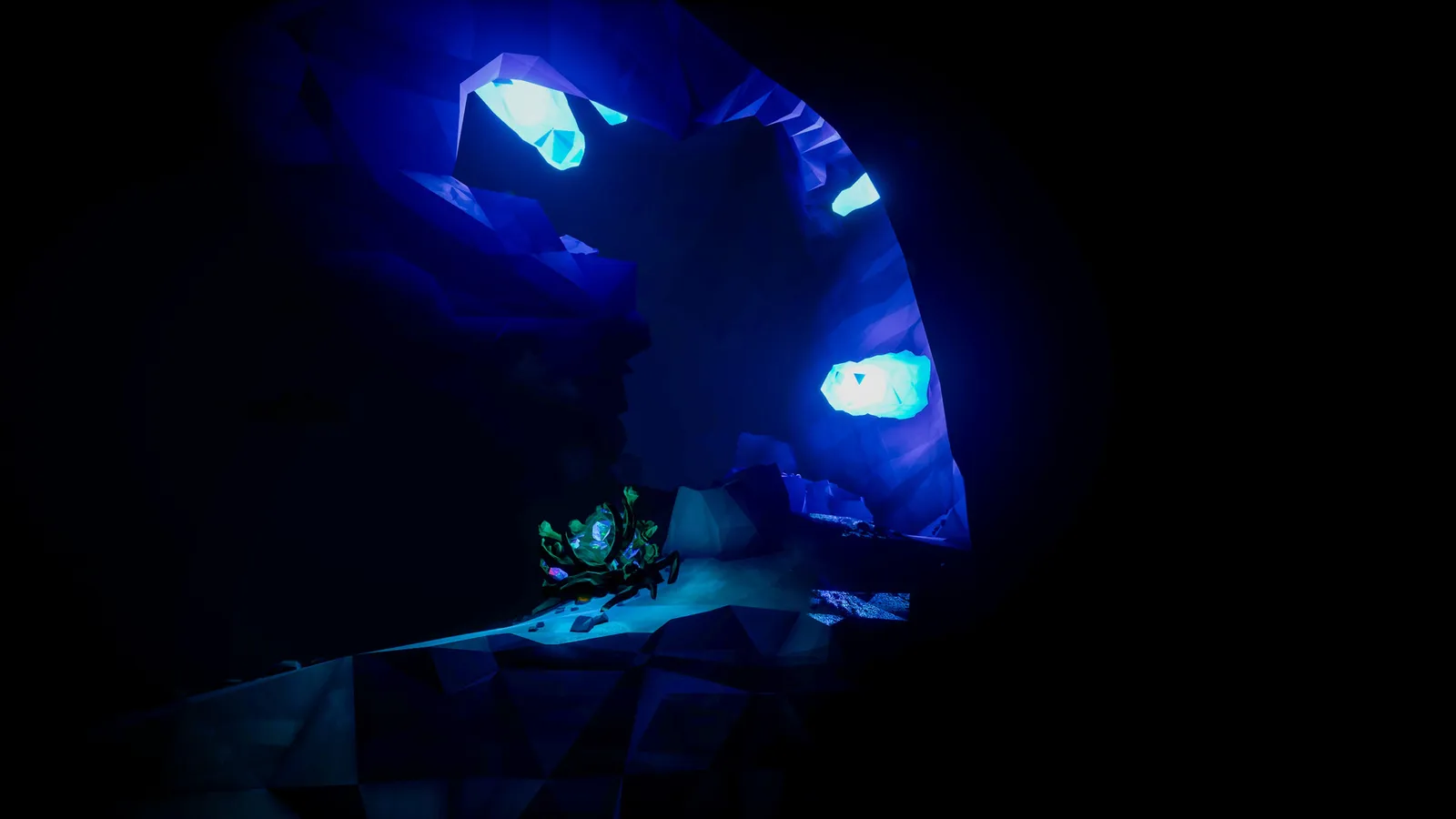 Deep Rock Galactic dark cave illuminated by blue bioluminescent crystals