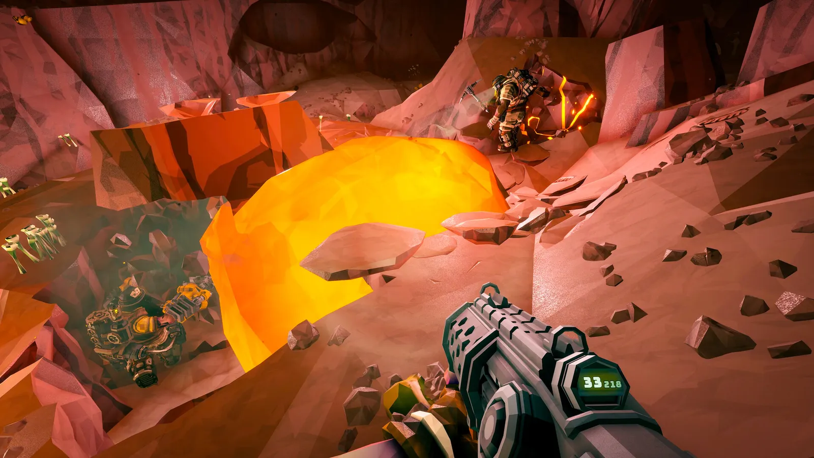 Deep Rock Galactic dwarf repairing drill rig beside molten rock pool