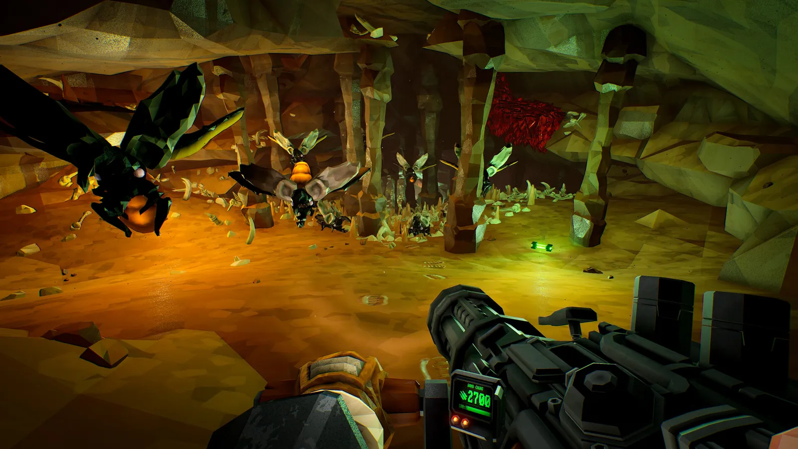 Deep Rock Galactic gunner mowing down swarm of flying insect enemies